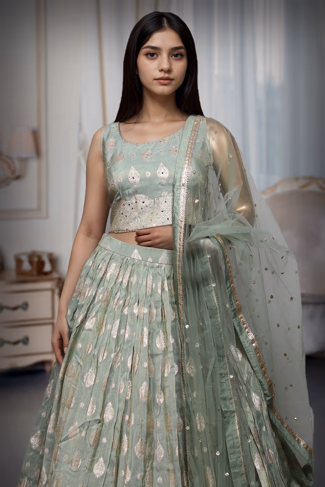 Golden In Pastel Green Zari Threadwork Detailed Minimal Pre Wedding Lehenga — rent in Kochi