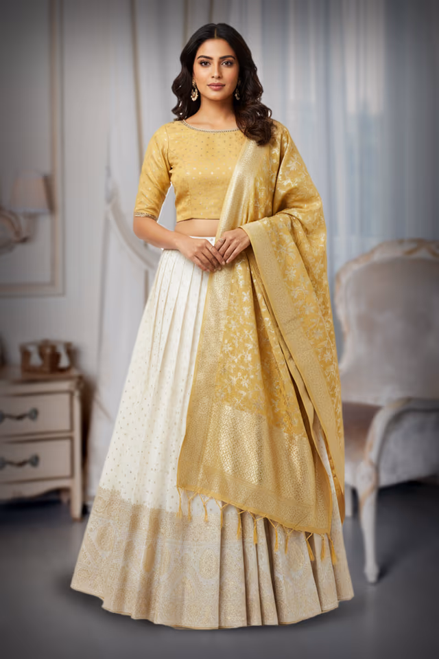 Golden And White Minimal Pre Wedding Lehenga With Brocade Skirt And Handworked Top — back view, rent in Calicut