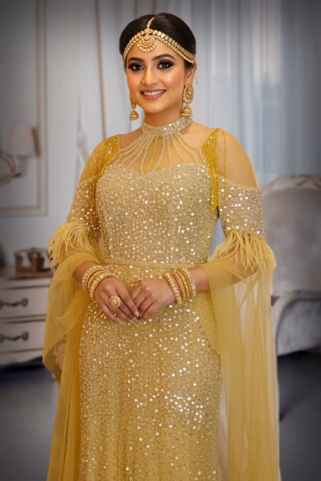 Golden Yellow  Mermaid Gown with sequin work details — rent in Kochi