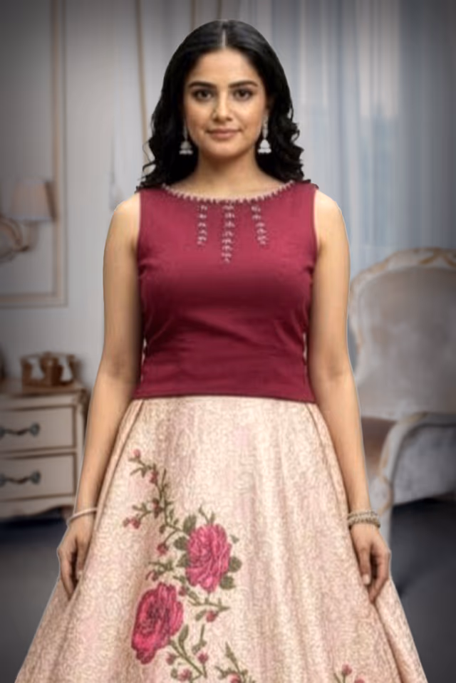 Graceful Baby Pink Lehenga with Golden Detailing and Contrast Maroon Blouse — back view, rent in Coimbatore