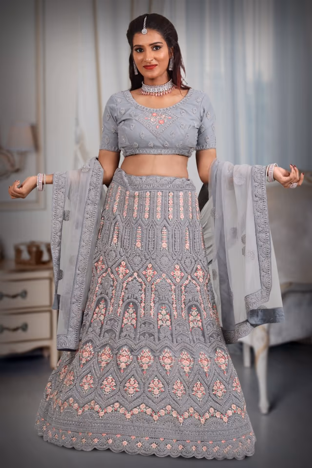 Gray embroidery work lehenga — back view, rent in Coimbatore
