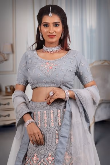Gray embroidery work lehenga — rent in Coimbatore