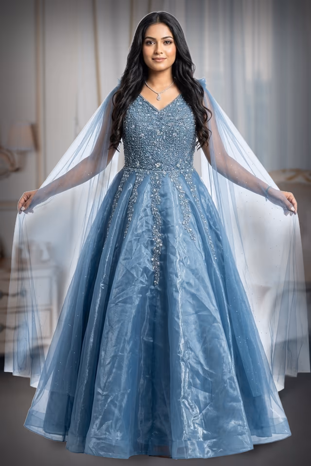 Heavy Hand Worked yoke , Flared gown organza tissue material with flared sleeves — back view, rent in Coimbatore