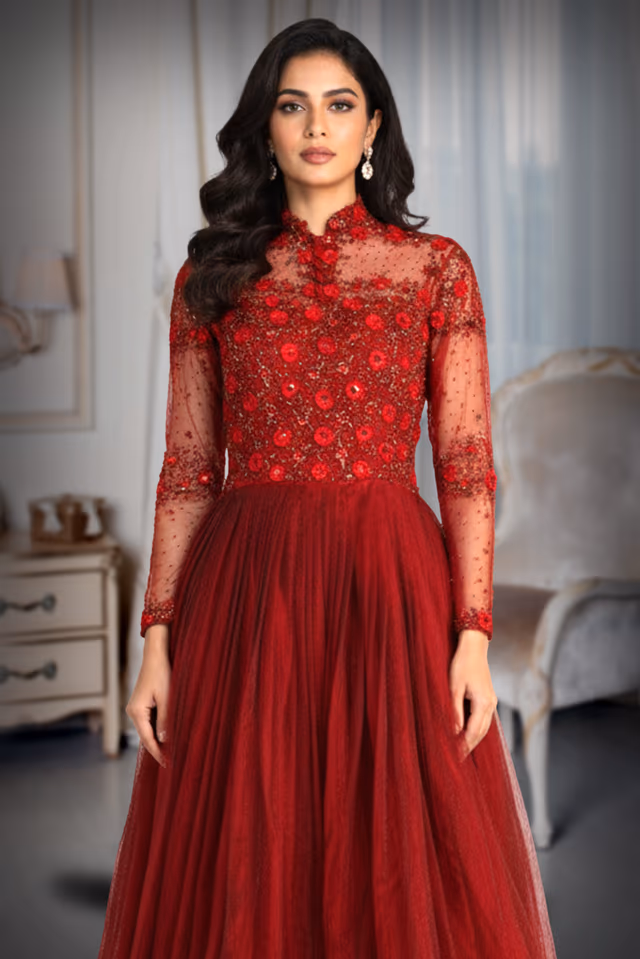Heavy Handworked Cherry Red Gown With Heavy Handwork Details On Front And Back Yoke Along With Sleeves — rent in Calicut