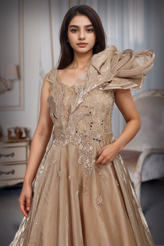 Heizel Beige Tissue Silk Gown With Work Embellishments On Yoke Part That Extends Through Waist — rent in Coimbatore