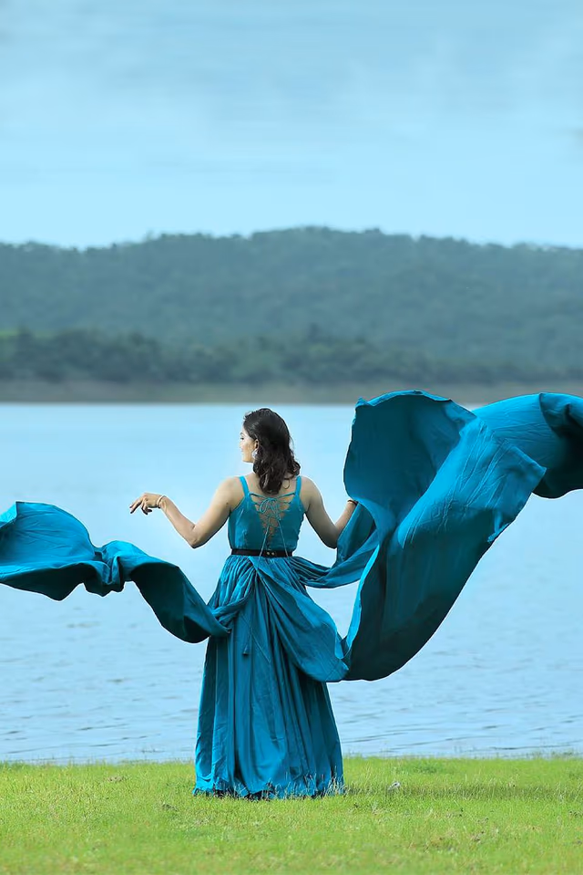 Iris Blue Sleeveless Gown with Three Panels Attached From the Waist area — rent in Bangalore