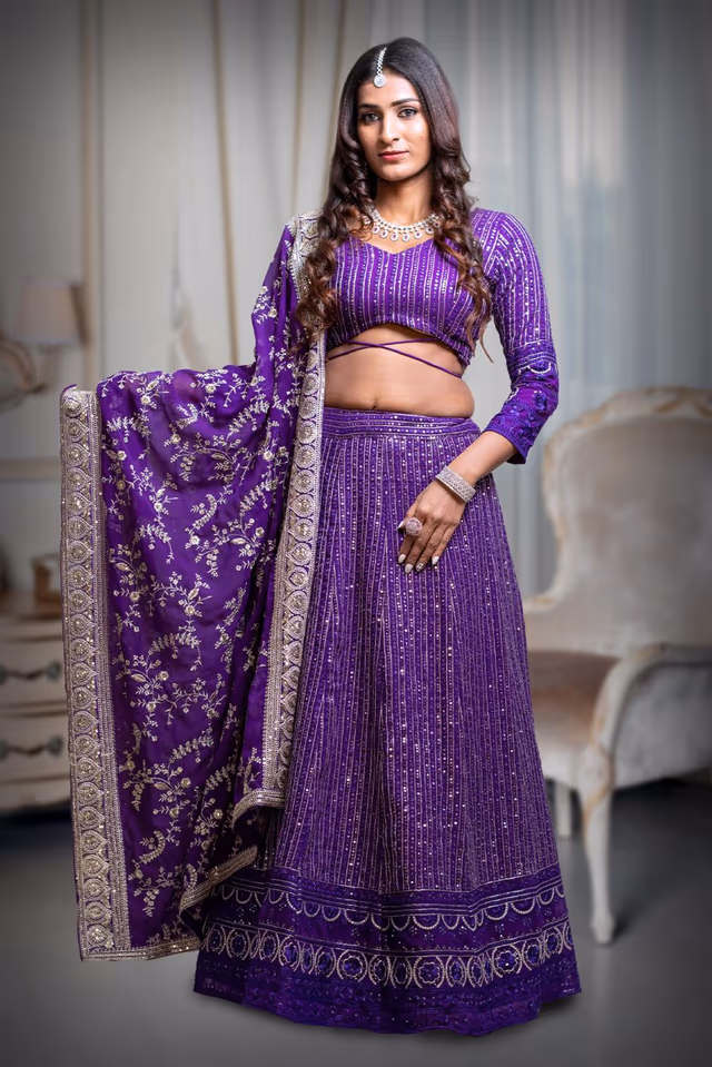 Iris Violet Heavy Embellished Lehenga With Threadwork and Sequin work With Deepcut Blouse… — back view, rent in Bangalore
