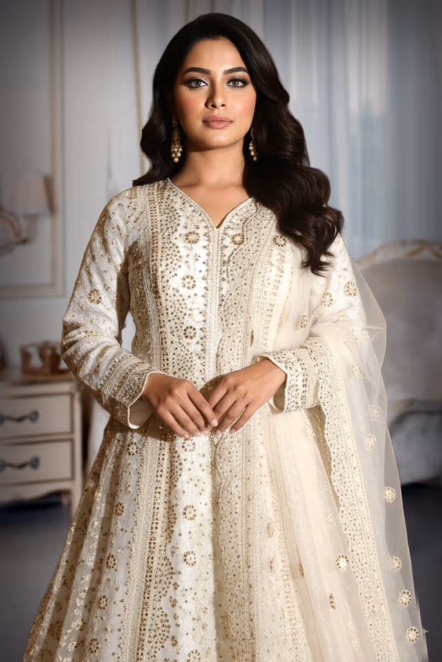 Elegant Ivory Anarkali Suit Adorned With Delicate Gold Mirror Work And Floral Motifs Paired With A… — rent in Calicut