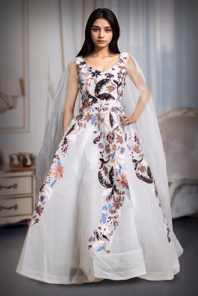 Ivory Crystal Garden Embroidered Net Gown – Multicolor Threadwork & Sequin Floral Design — back view, rent in Coimbatore
