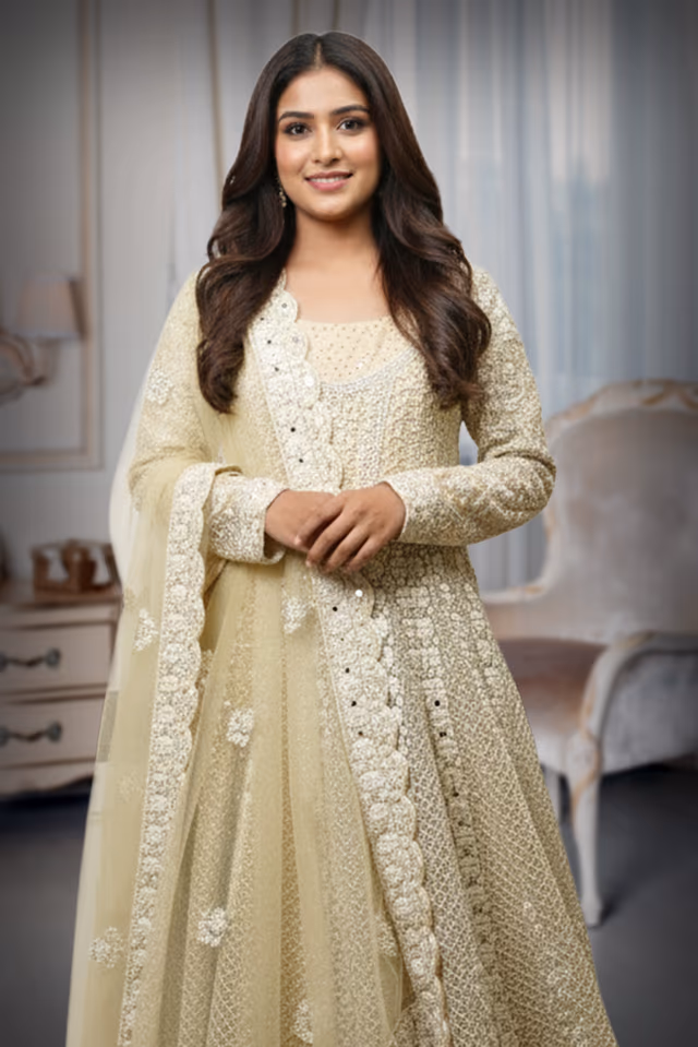 Ivory Pre Wedding Gown With Thread And Sequins Embroidery All Over The Gown — rent in Calicut