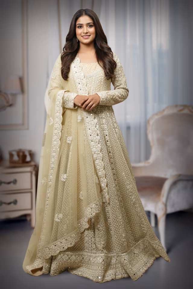 Ivory Pre Wedding Gown With Thread And Sequins Embroidery All Over The Gown — back view, rent in Calicut