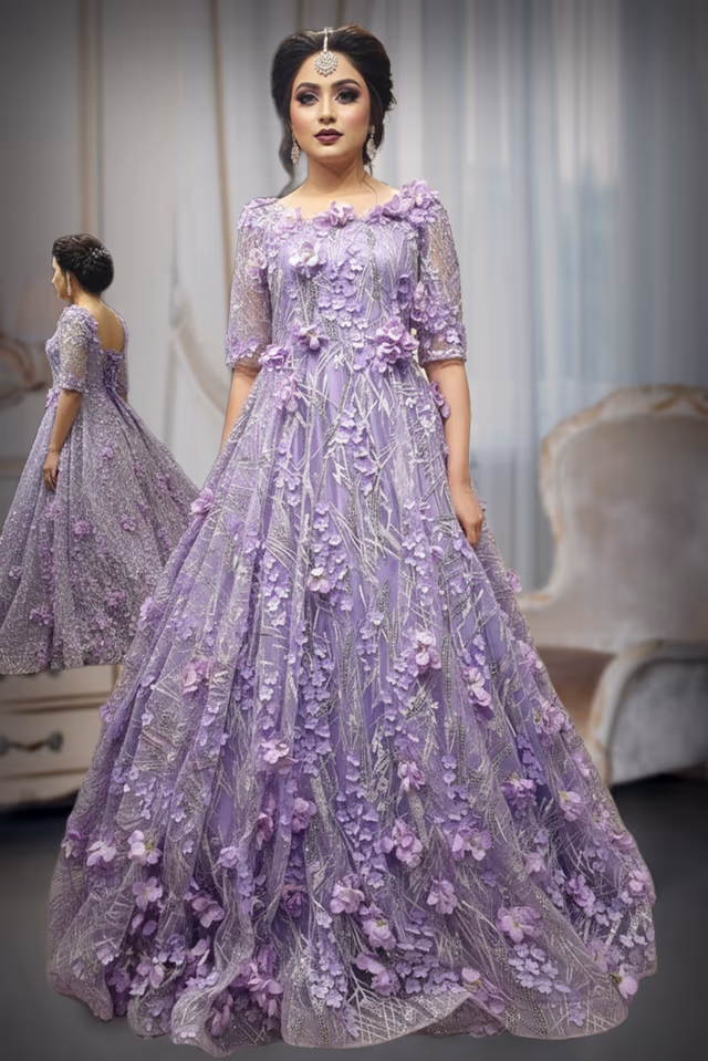 Lavender 3D Floral Ball Gown – Premium Luxury Couture — back view, rent in Coimbatore
