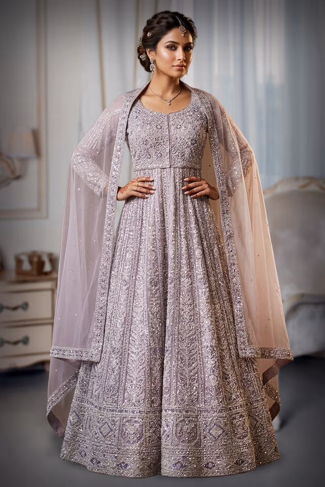 Lavender Floral Threadwork Sharara with Dark Purple Embellishments and Netted Border Dupatta — back view, rent in Bangalore