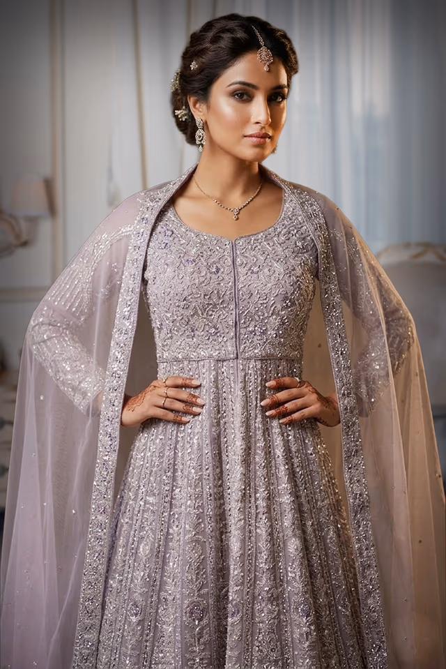 Lavender Floral Threadwork Sharara with Dark Purple Embellishments and Netted Border Dupatta — rent in Bangalore
