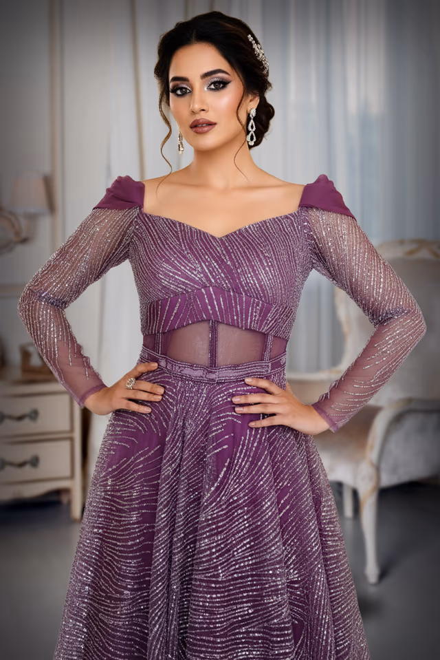 Lavender Pink Gown Featuring All Over Sequin Work and Structured Cordset Pattern — rent in Bangalore