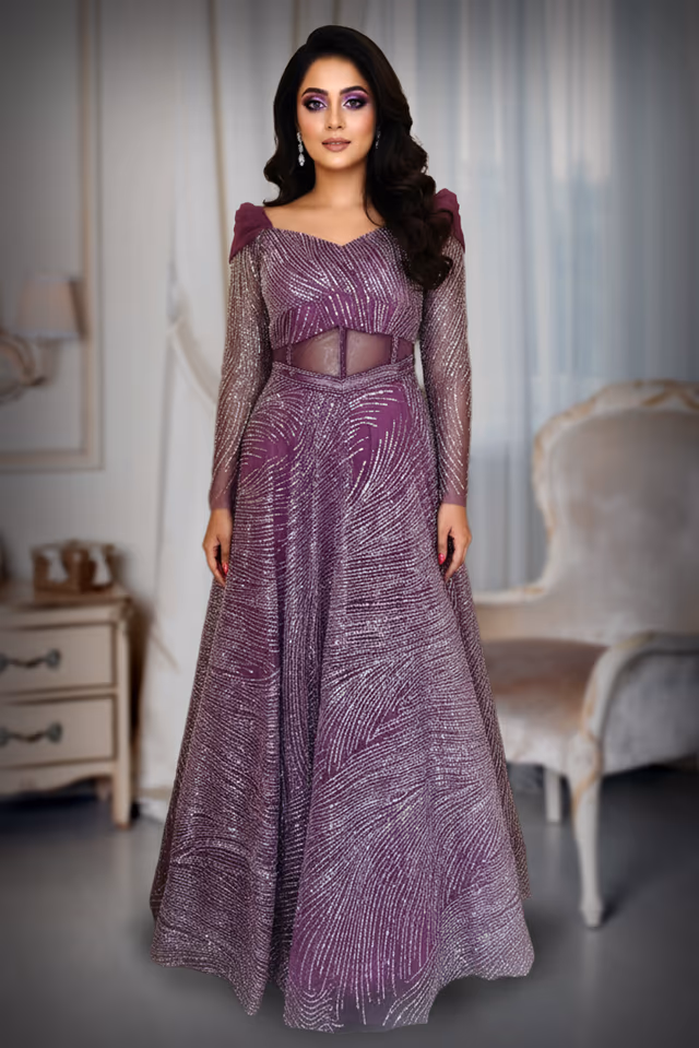 Lavender Pink Gown Featuring All Over Sequin Work and Structured Cordset Pattern — back view, rent in Bangalore