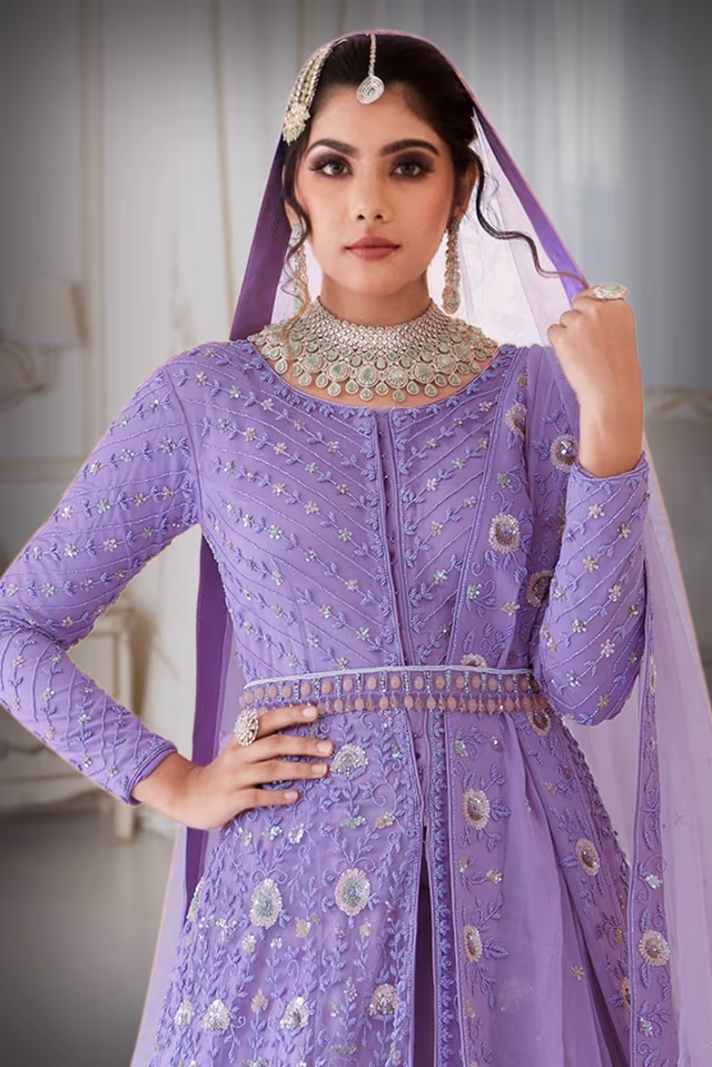 Lavender Sequins work Jacket and skirt — rent in Coimbatore