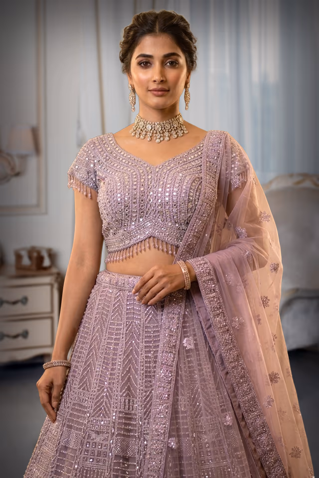 Lavender shade with heavy sequin and bead embroidery lehenga — rent in Kochi