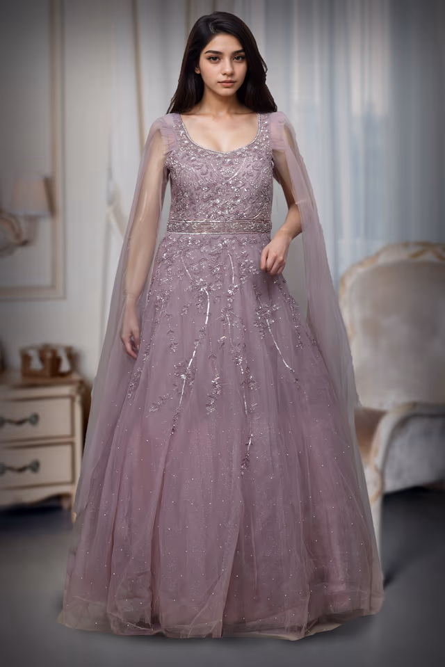 Lavender Heavy Threadwork Embellished Bridal Gown  With Long Cape Sleeve — back view, rent in Kochi