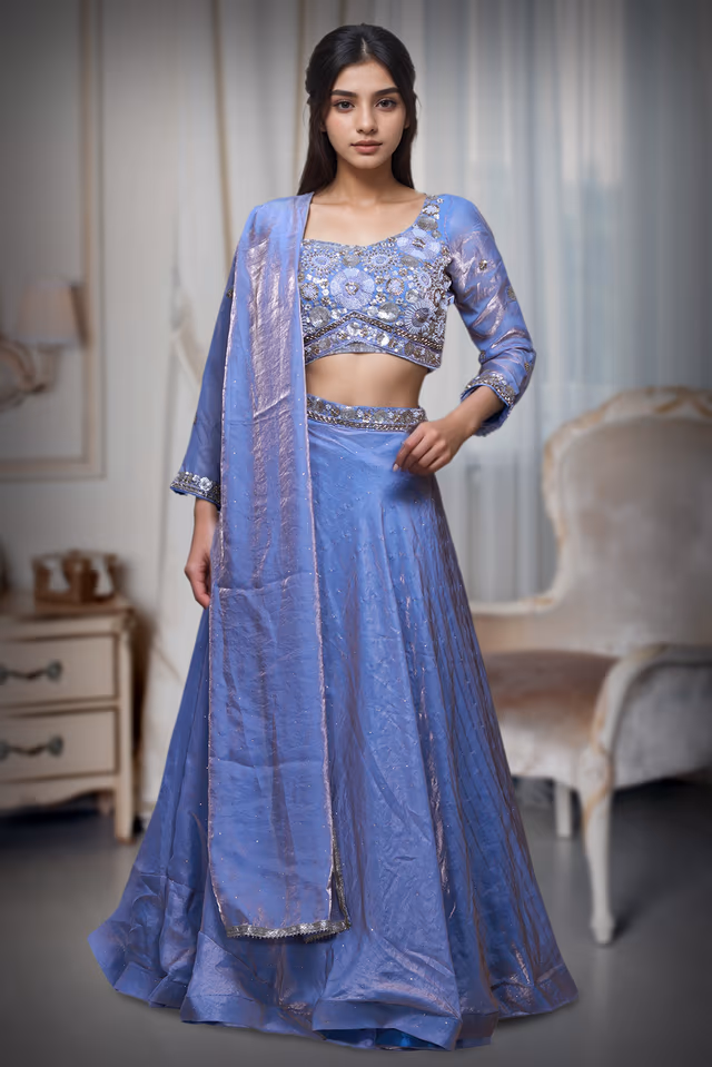 Lavender Tissue Silk Crop Top Lehenga With Elegant Handwork Details — back view, rent in Coimbatore