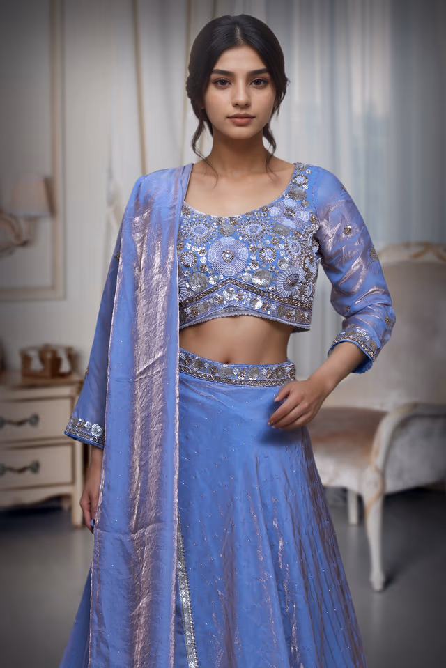 Lavender Tissue Silk Crop Top Lehenga With Elegant Handwork Details — rent in Coimbatore