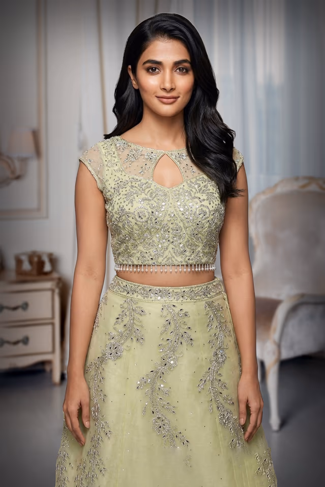 Lemon Yellow Stone Worked Crop Top  With Heavy Embellished Blouse And Dupatta — rent in Coimbatore