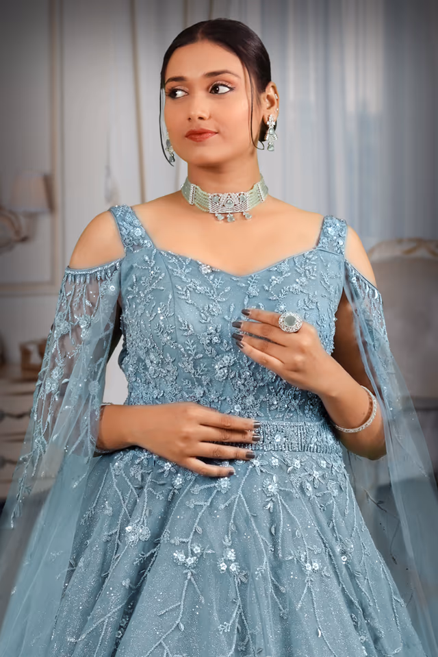 Light blue glitter sequins work trail sleeve gown — view 1 of 5