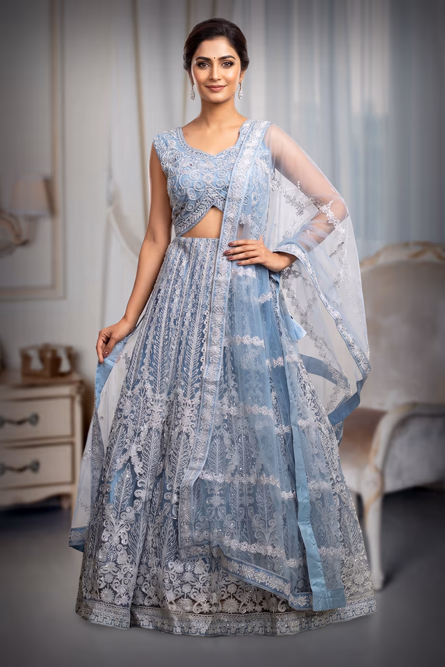Light Blue Pre Wedding Lehenga With Intricate Stone Work Details Along With Same Color Dupatta — back view, rent in Kochi