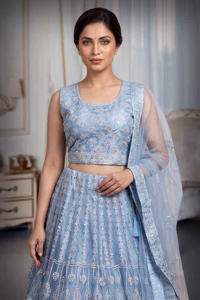 Light Blue Pre Wedding Lehenga With Intricate Threadwork Details — rent in Kochi
