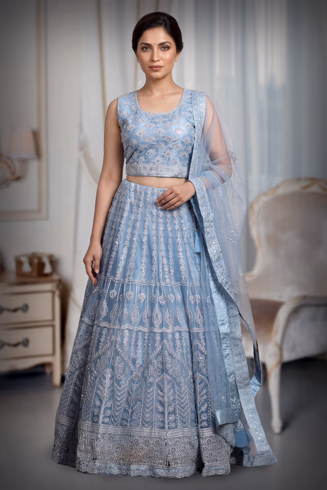 Light Blue Pre Wedding Lehenga With Intricate Threadwork Details — back view, rent in Kochi