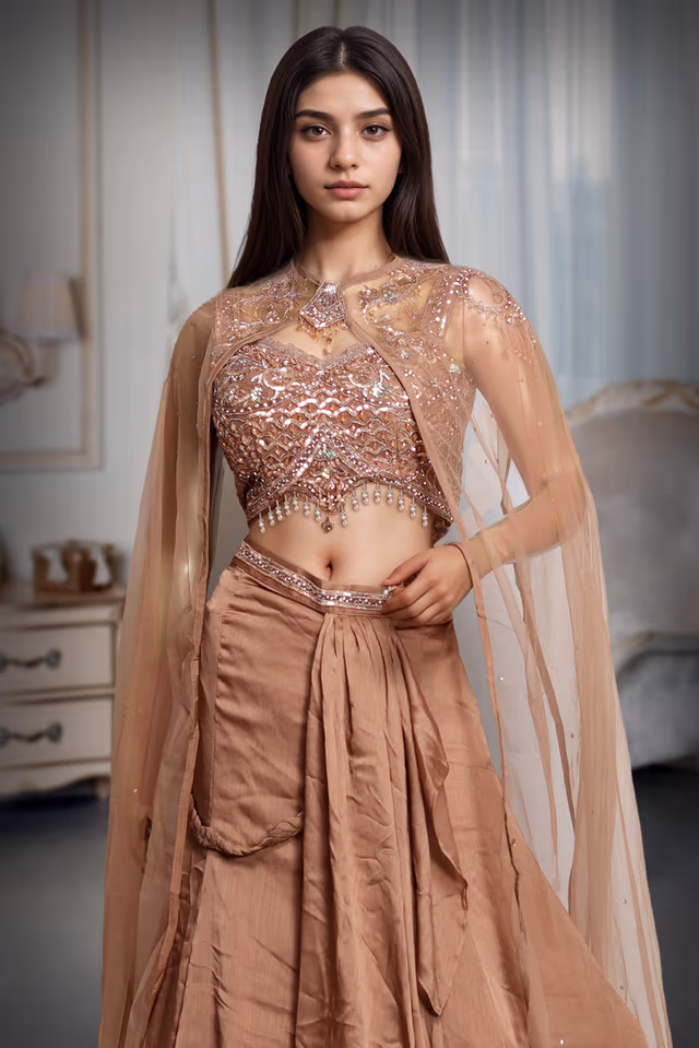 Light Brown Indowestern Draped Skirt With Crop Top And Side Cape — rent in Kochi