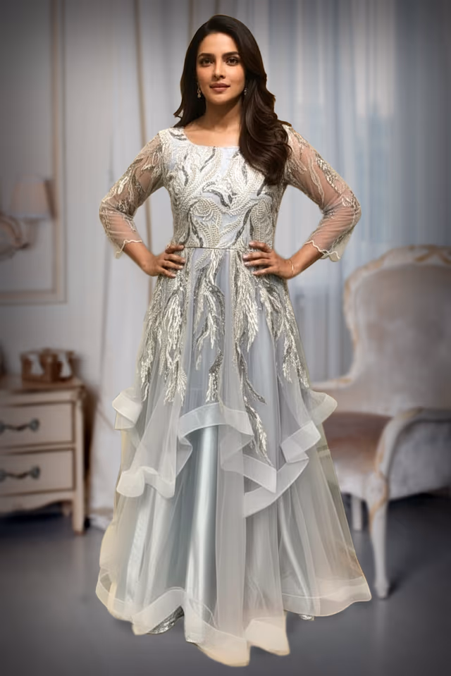 Light Gray Netted and  layered gown , with full sleeves — rent in Coimbatore