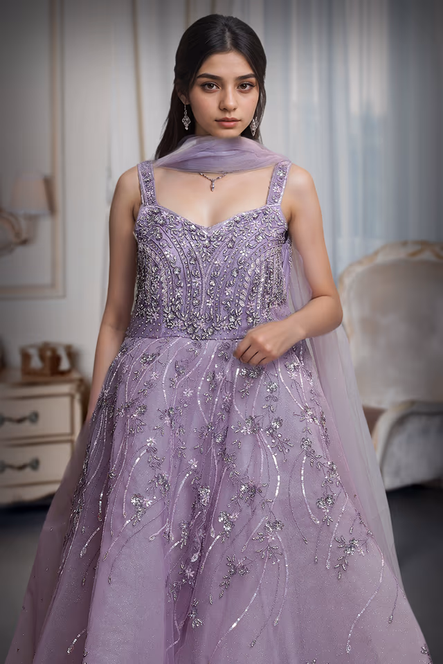 Light Lavender Ball Gown With Exquisite Threadwork Details Along With Same Color Veil — rent in Kochi