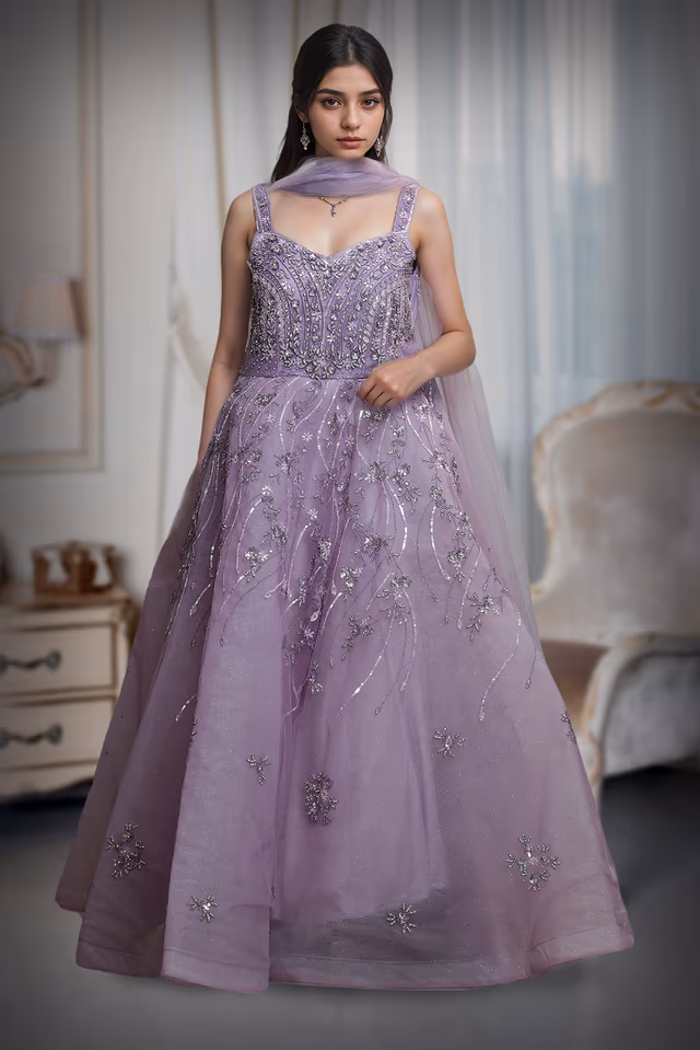 Light Lavender Ball Gown With Exquisite Threadwork Details Along With Same Color Veil — back view, rent in Kochi