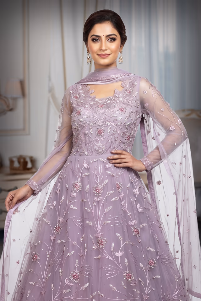 Light Lavender Heavy Threadwork Embellished Bridal Gown  With Long Cape Sleeve — rent in Kochi