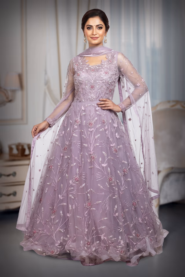 Light Lavender Heavy Threadwork Embellished Bridal Gown  With Long Cape Sleeve — back view, rent in Kochi