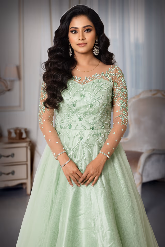 Light Mint Green Gown With Beaded Embellishments Sheer Sleeves And Flowing Tulle Skirt Excellent For An… — rent in Calicut
