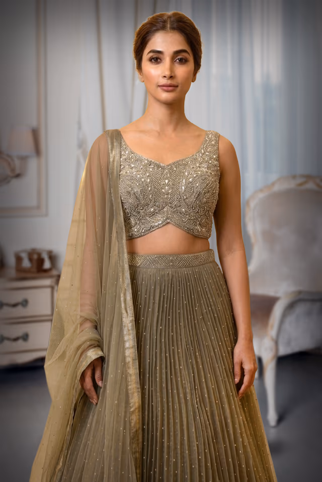 Light Olive Green Pre Wedding Lehenga With Uniform Stone Worked Skirt, Exquisite Stoneworked Crop Top Along… — rent in Kochi