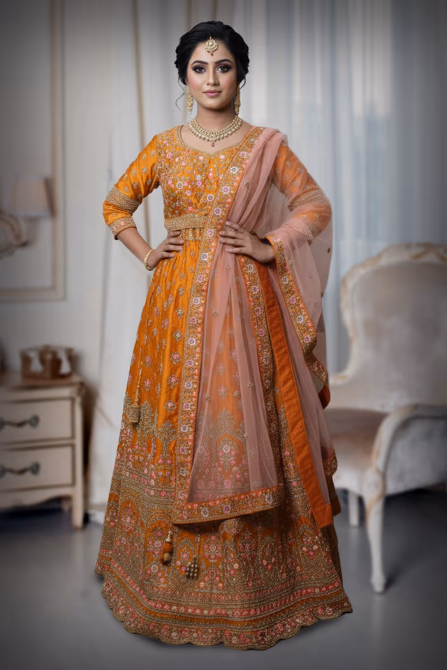 Stunning Light Orange Lehenga Set Adorned With Sparkling Sequins And Floral Zari — back view, rent in Calicut