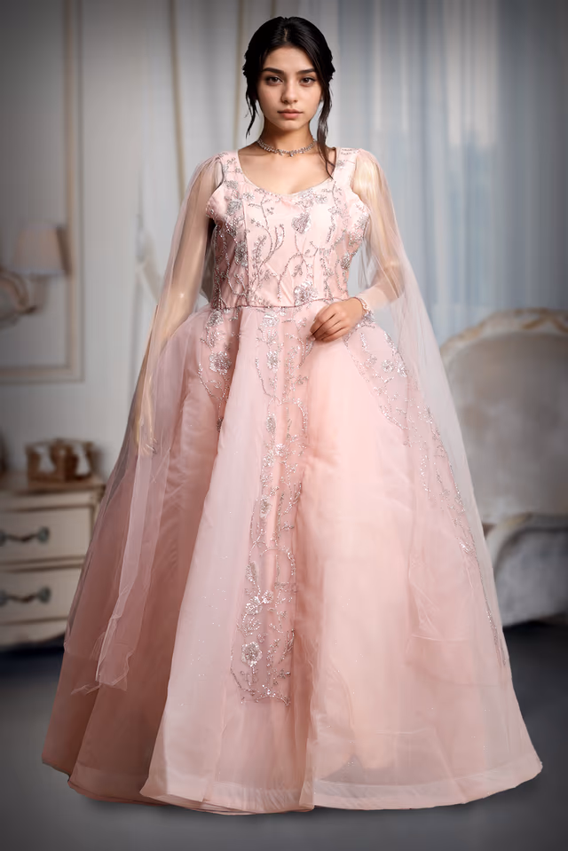 Light Peach Ball Gown With Exquisite Threadwork Details Along With Same Color Veil — back view, rent in Kochi