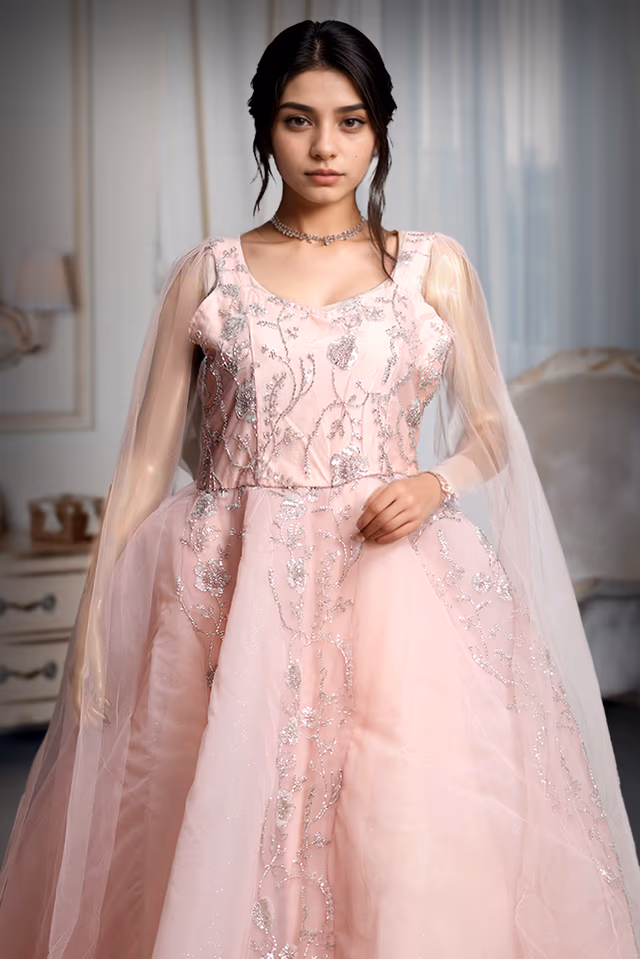 Light Peach Ball Gown With Exquisite Threadwork Details Along With Same Color Veil — rent in Kochi