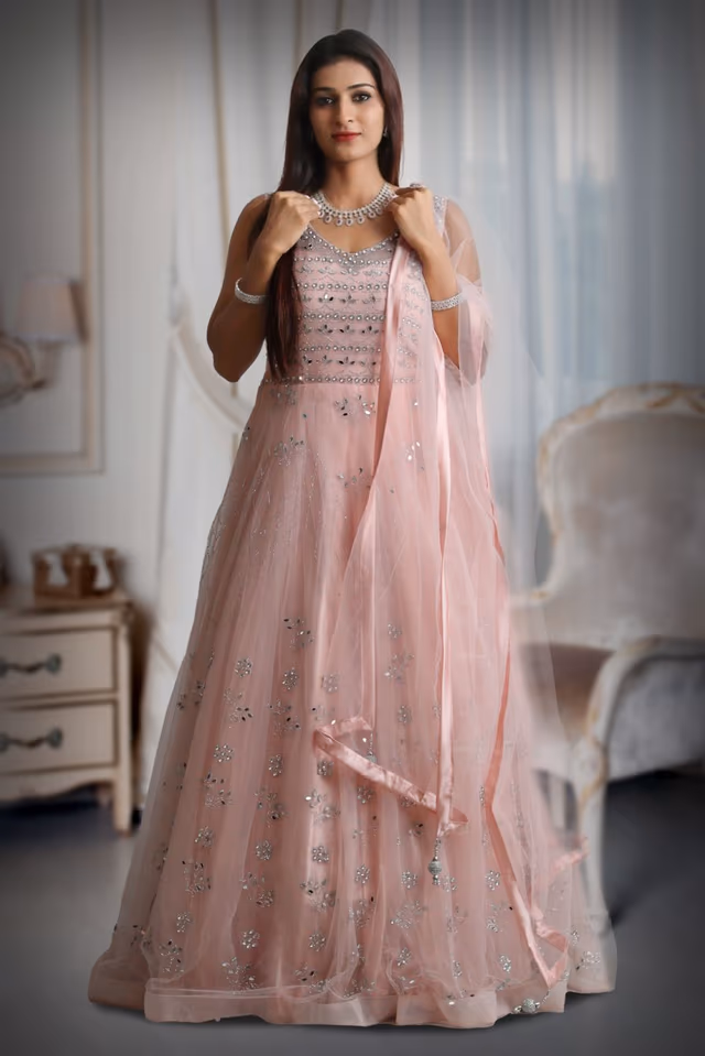 Light peach colour mirror work net sleeveless gown with dupatta — back view, rent in Bangalore