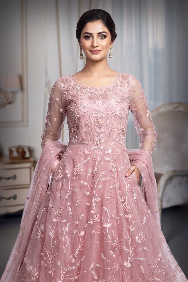 Light Pink Heavy Threadwork Embellished Bridal Gown  With Long Cape Sleeve — rent in Kochi