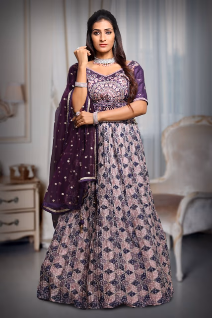 Light Purple Borderless Printed Lehenga Skirt With Heavy Detailed Blouse with Threadwork… — back view, rent in Coimbatore