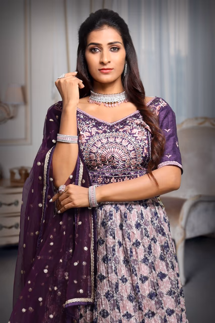 Light Purple Borderless Printed Lehenga Skirt With Heavy Detailed Blouse with Threadwork and Mirror… — rent in Coimbatore