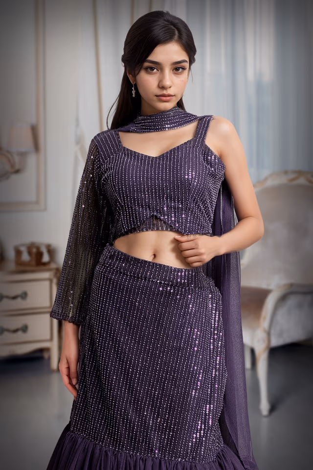 Light Purple Intricate Sequin Detailed Mermaid Cut Lehenga With Same Color Crop Top And Dupatta — rent in Kochi