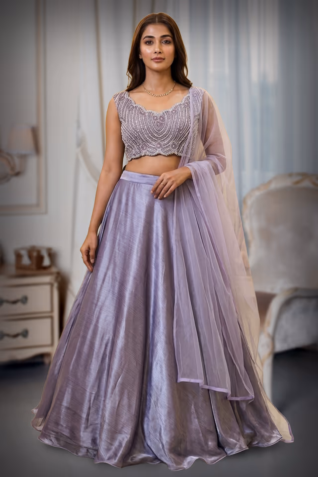 Light Purple Pre Wedding Lehenga With Uniform Stone Worked Skirt With Exquisite Stoneworked Crop… — back view, rent in Kochi