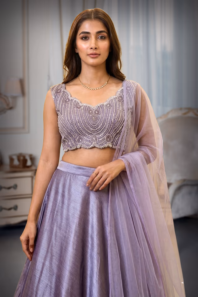 Light Purple Pre Wedding Lehenga With Uniform Stone Worked Skirt With Exquisite Stoneworked Crop Top Along… — rent in Kochi