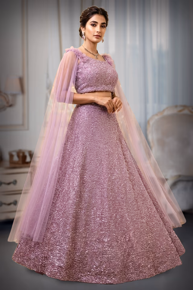 Lilac Pre Wedding Lehenga With Intricate Thread Work Details Along With Same Color Dupatta — back view, rent in Kochi