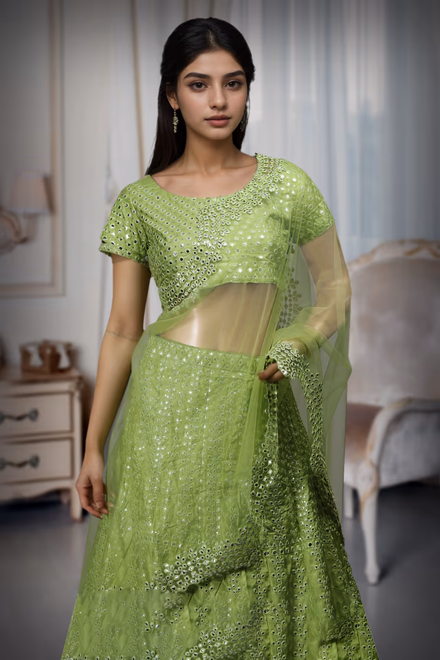 Lime Green Viking Silk Artificial Mirror Work Lehenga With Same Colour Blouse And Dupatta — back view, rent in Coimbatore